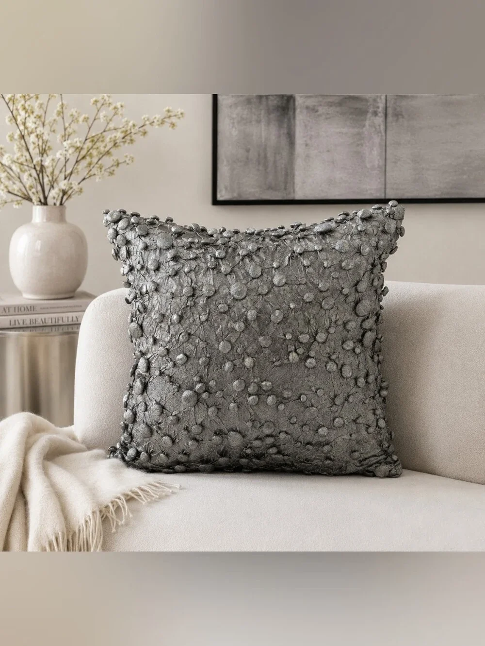 Studio A Home Global Views Metallic Gray Textured Button Feather Pillow 20x20